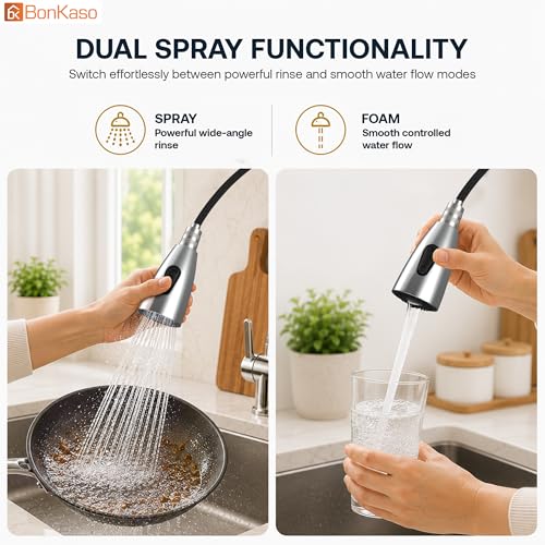 Image of BonKaso Stainless Steel Kitchen Sink Mixer Tap with Pull Down Sprayer, 360 Degree Swivel Kitchen Faucet with Dual Spray and Stream Modes, Rust Proof Deck Mount Pull Down Tap for Kitchen Sink, Silver