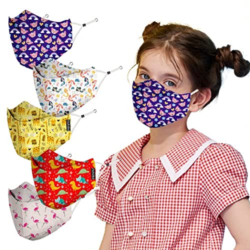 PRIVIU Kids Mask 3 to 8 Years, Pack of 5, Face Mask for Kids Boys & Girls, (Multicolor, Without Valve) 4 Layers with Non Woven & Meltblown SMMS Filters, Adjustable Ear Loop, Washable Reusable