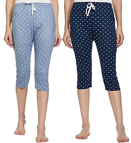 Fabme Women's Polka Dots Capri with Drawstring (Navy Blue, Grey, L) Deal