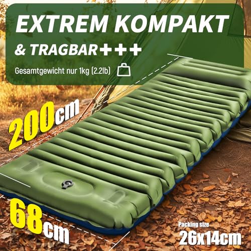 Myxslop Camping Isomatte ,12CM Verdicktes Luftmatratze Camping, Aufblasbare Matratze mit Fußpumpe & Kissen, Ultraleichte Schlafmatte Outdoor für Wandern, Strand, Reise, Zelt
