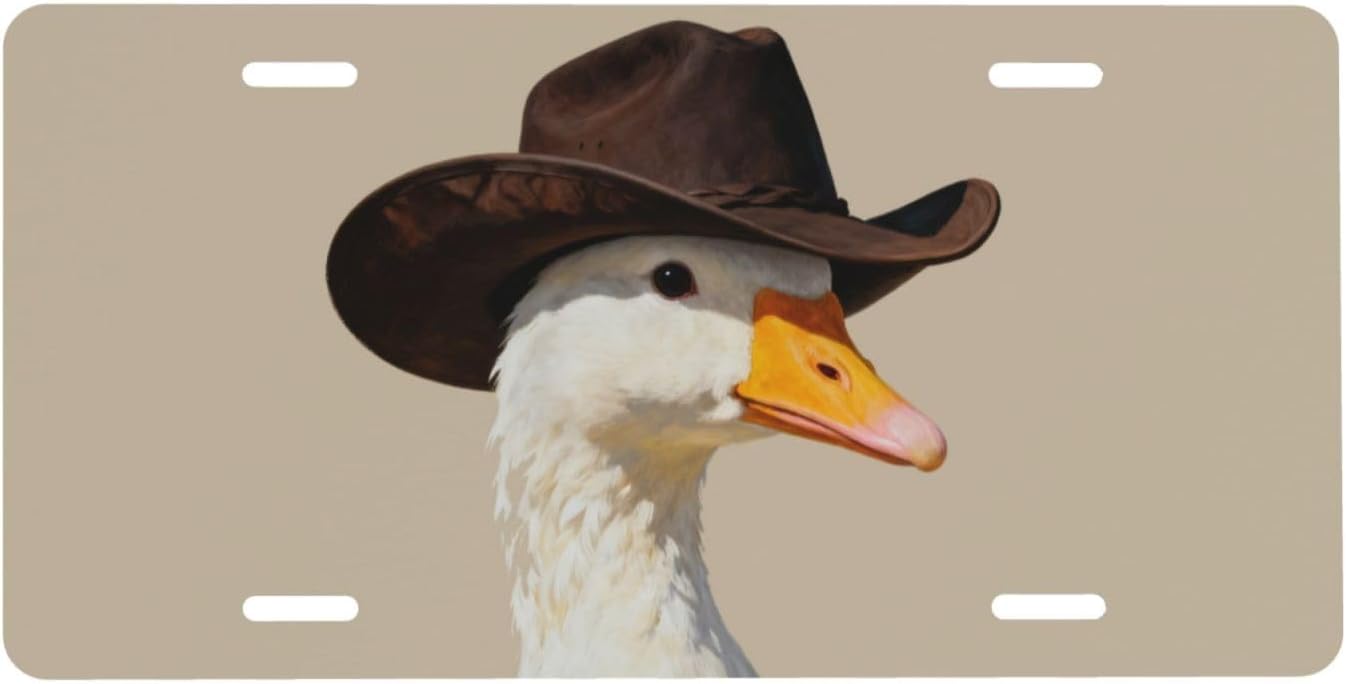 Funny Goose Cowboy Hat Front License Plate Car Decorative License Plates Aluminum Metal Decor Accessory Novelty Vanity Tag Cover with 4 Holes for Men Women 6" X 12"