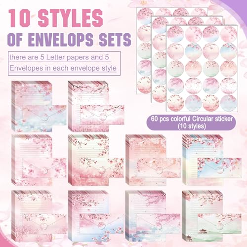 Image of TaoBary 160 Pcs Cherry Blossom Stationery Paper and Envelopes Set 50 Double Sided Lined Stationery Paper with 50 Matching Envelopes and 60 Round Dot Sticker 8.5 x 11'' Letter Writing Kit, 10design