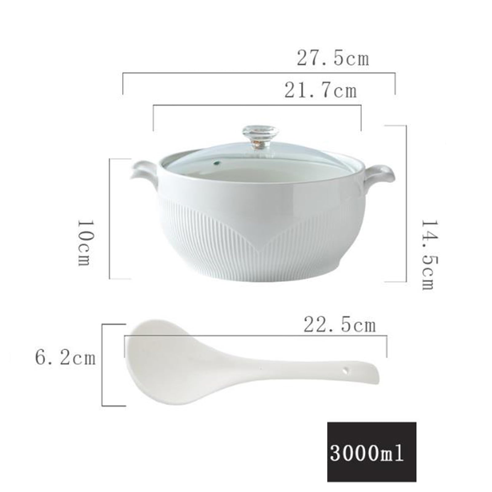 Suppenterrine, weißer Suppenserviertopf aus Keramik, große Suppenterrine mit Glasdeckel und Schöpfkelle, Suppenschüssel mit Rautendeckel, Dekorationssuppentopf for das Restaurant zu Hause(3000ml)