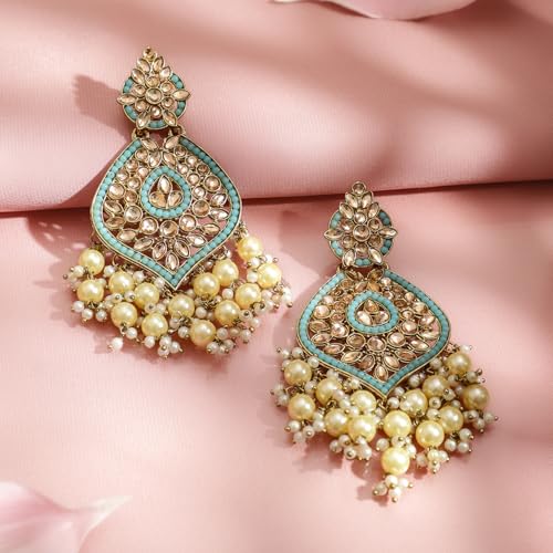 Image of Rubans Chandelier Earrings Kundan Pearl Traditional Jewellery Wedding Festive Gift for Women & Girls