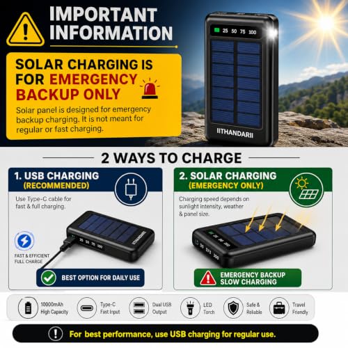 Image of THANDAR 10000mAh Solar Power Bank | Dual USB Output, Type-C Fast Charging Input, LED Torch, Emergency Solar Charging