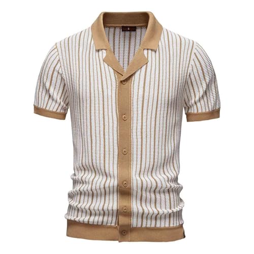 Mymyguoe Polo de golf pour homme - En tricot - Bloc de couleurs - Rayé - Vintage 1960S - Style Mod - Rayures - Rétro - Col rabattu, kaki, S