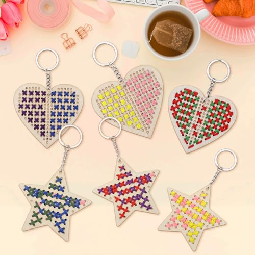 Image of Ymapinc Beginner Embroidery Cross Stitch Keychain, 6Pcs Mini Sewing DIY Key Chains for Beginners Age 5-8, Small Cross Stitch Wood Pentagram and Heart Shaped Needles Sewing