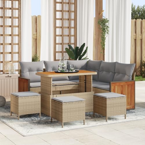 Homgoday Juego de 9 sofás de jardín con cojín beige de polirratán acacia, 4 piezas, juego de comedor con cojín beige de polirratán acacia exterior M con sillón Model3365262