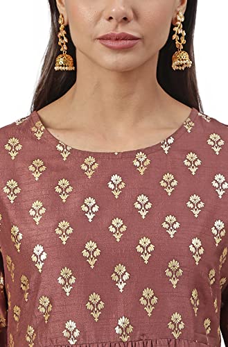 Image of Janasya Women's Brown Poly Silk Foil Print Kurta with Pant and Dupatta