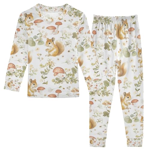 senya Lovely Squirrel Wild Flowers Pajamas Set Long Sleeve Soft Cotton Sleepwear 2 Piece