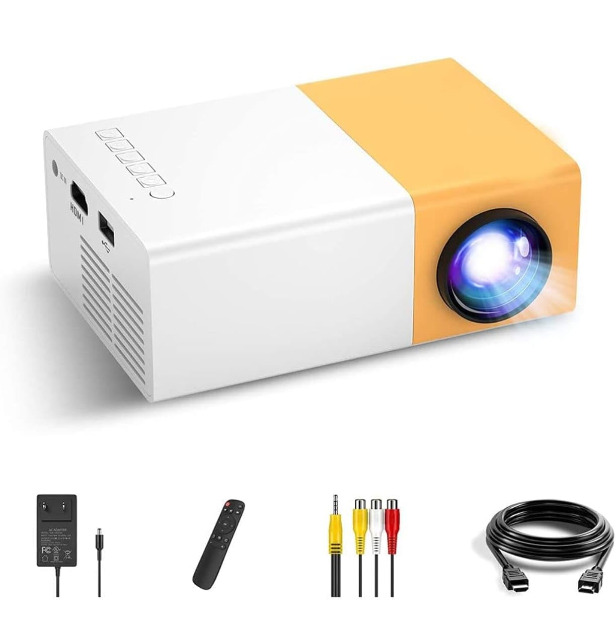 LED Portable Mini Projector HD Resolution 1080 Pixel Full HD Support with Remote & HDMI Cable (White Yellow with Accessories)-image-12