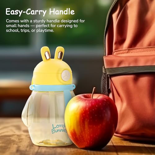 Image of BAYBEE Lovely Bunnies Kids Water Bottle 600ml | BPA Free & Leakproof Safe Sipper Bottle with Straw | Cute Rabbit Design Smooth Sipping with Handle & Strap, Flip Lid for School Kids & Babys (Yellow)
