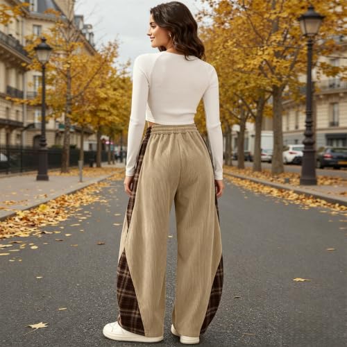 Womens Corduroy Barrel Pants with Pockets Y2K Plaid Patchwork Panels - image 6