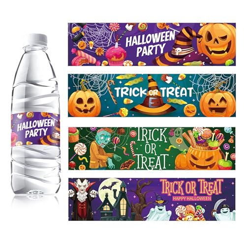 XMBHHRM 32 Pcs Multicolor Halloween Water Bottle Labels Waterproof Party Supplies Pumpkin Trick or Treat Bottle Stickers 4 Design for Each Design 8 Sheets