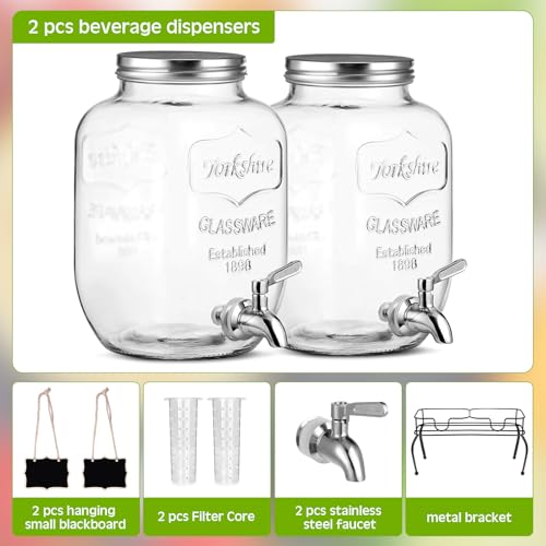 Image of Lallisa 2 Pcs 2 Gallon Glass Drink Dispenser with Stand Ice Cylinder Hanging Chalkboard Signs 18 /8 Stainless Steel Spigot Beverage Dispensers for Parties Mason Jar Drink Lemonade (Silver Spigot)