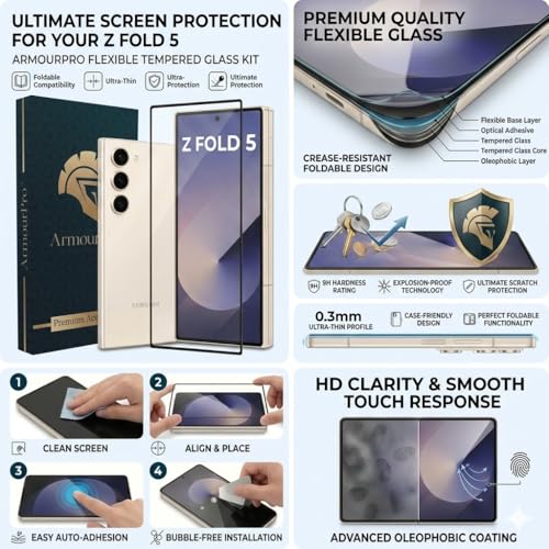 Image of ArmourPro Edge to Edge Tempered Glass for Samsung Galaxy Z Fold 5 with Gold Camera Ring Guard, 9H Screen Protector, Anti-Scratch, Anti-Fingerprint, Bubble-Free Installation Kit
