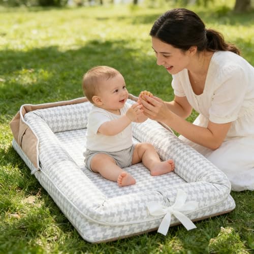 Image of Baby Lounger for Newborn Portable Bag,Baby Nest Play Gym mat with Strap,Newborn Lounger Adjustable Size & Inner Zipper Lengthen Space to 24 Months(Gray Thousand Bird Check)
