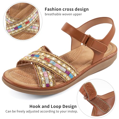 Almusen Flat Sandals for Women Dressy: Comfortable Summer Beach Shoes Casual Ankle Strap Bohemian Woven Walking Sandal3