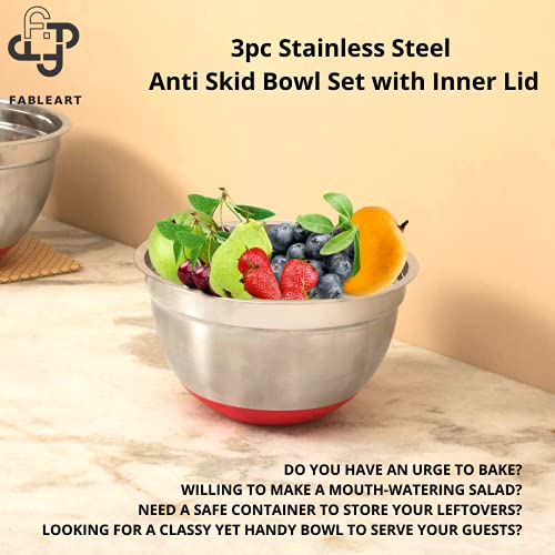 Image of Stainless Steel Anti Skid Mixing Serving Storage Bowl with Inner Lid; Red; Set of 3 Pcs; 450ml, 1400ml, 2800ml Respectively