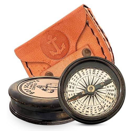 Brújula náutica vintage de latón con estuche de cuero miniatura 1