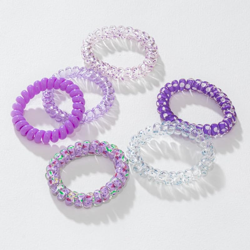 Hair Drama Co. Spiral Coil Shape Ponytail Holder Hair Ties for Women & Girls – Set of 6 | Telephone Wire Elastic Hairband | Wired Rubber Bands | Colourful Hair Ties | Shades of Purple