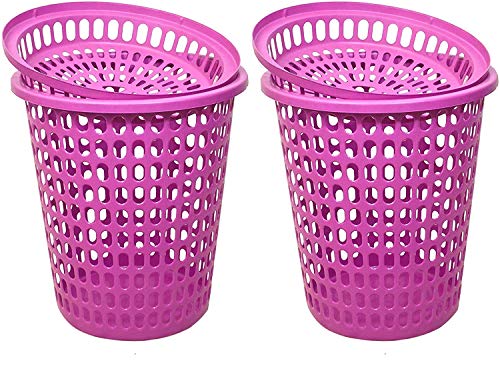 Image of Plastic Laundry Basket With Lid Big Size For Clothes 50 Litre Hamper Bag Dress Storage Toys Organiser Cover Combo With Cap Heavy Duty Round Shape (2 Pcs, Pink)