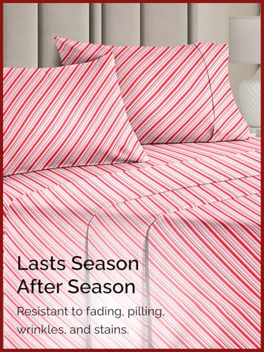 King Candy Cane Stripe Sheet Set - Holiday Xmas Pattern Bedding Set - Deep Pockets - Snug Fit - 4PC - Wrinkle Free & Easy Care - Comfy Festive Winter - Holiday Sheets for Women, Men, Kids & Teens