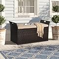 SUNCROWN 90 Gallon Outdoor Wicker Storage Bench with Cushion, Patio Deck Box with Seat, Rattan Storage Box for Garden, Porch, Balcony, Yard, Poolside, Brown