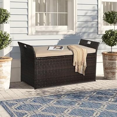 SUNCROWN 90 Gallon Outdoor Wicker Storage Bench with Cushion, Patio Deck Box with Seat, Rattan Storage Box for Garden, Porch, Balcony, Yard, Poolside, Brown