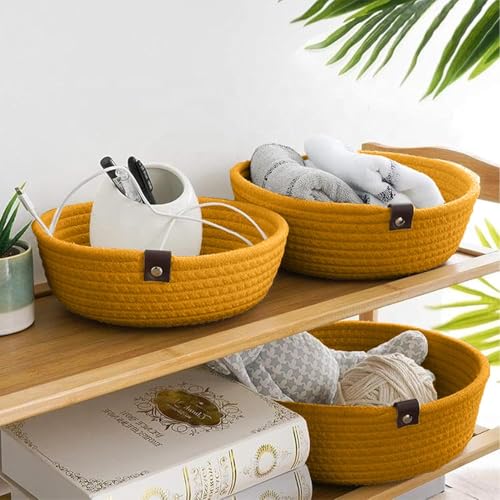 Image of Handmade Jute Cotton Storage Baskets Set of 3 for Dining Table, Fruit Basket & Roti Bowl, Cane Style Organizer for Kitchen, Home Decor, Washable Multipurpose (Mustard)