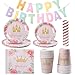 Amycute Décorations Anniversaire Fille Princesse Vaisselle Rose, Assiettes Carton Gobelets Tasses Pailles Serviettes en Papier Bannière d'anniversaire pour Filles Happy Birthday, 10 Invités