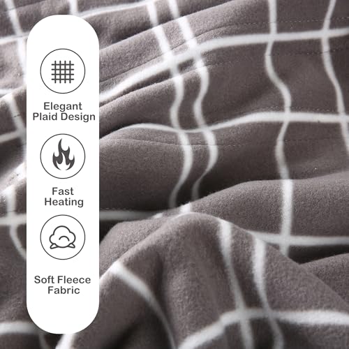 Electric Heated Blanket Queen Size 84"x90", Soft Fleece with 10 Hours Auto-Off & 4 Heating Levels, Dual Control and Machine Washable, LightGray Plaid
