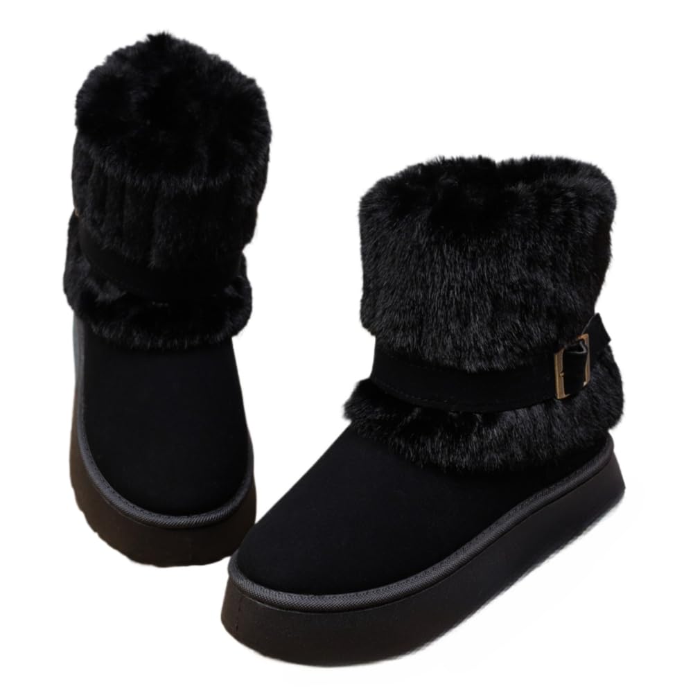 Womens Thick Sole Warm Fur Fleece Lined Boots Ankle Low Heel Cute Suede Buckle Decor Casual Trendy Work