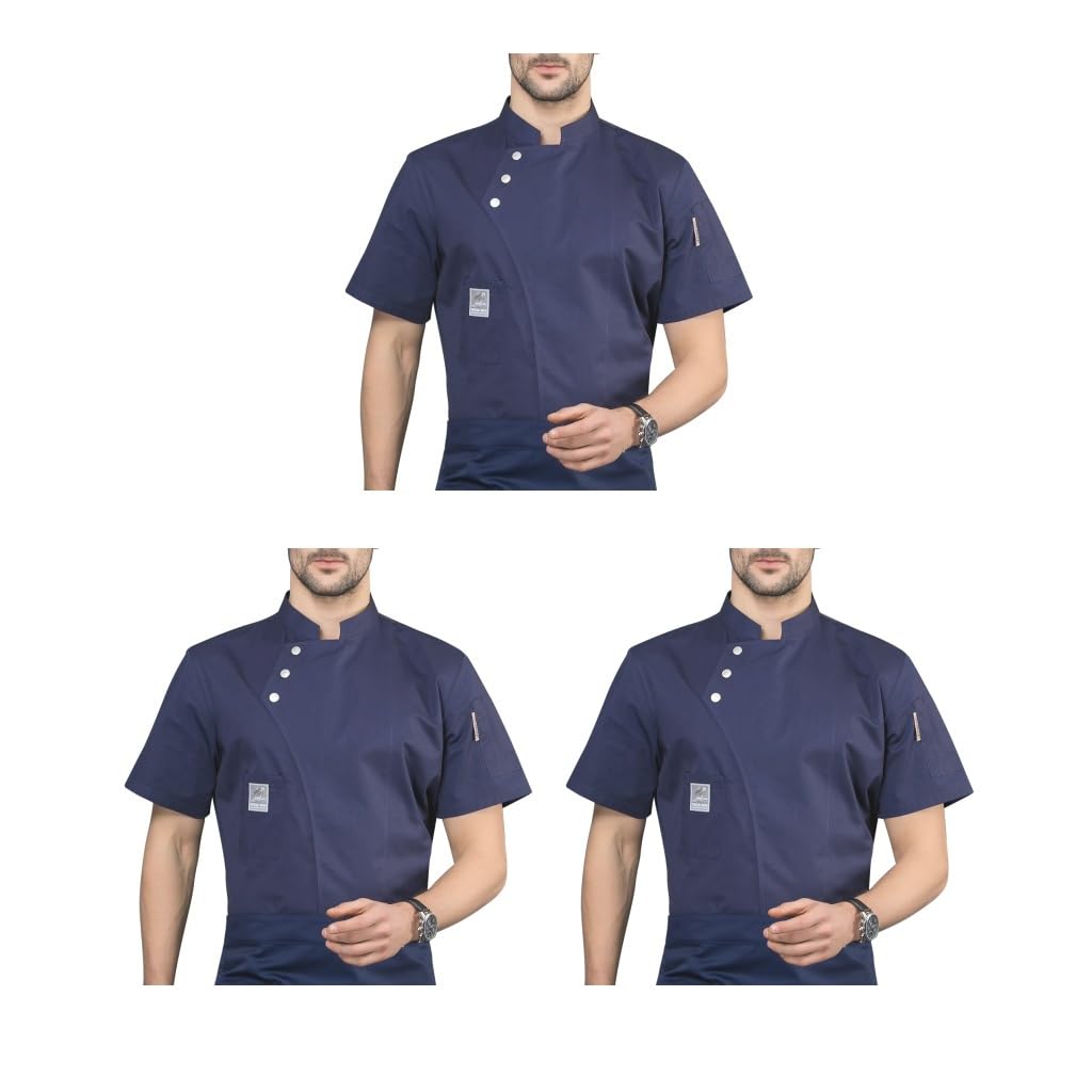 Chaqueta de chef, delantal de cocina, tres botones con bolsillos delanteros, ropa de verano, suministros de cocina para parrilla, restaurante, azul, XL