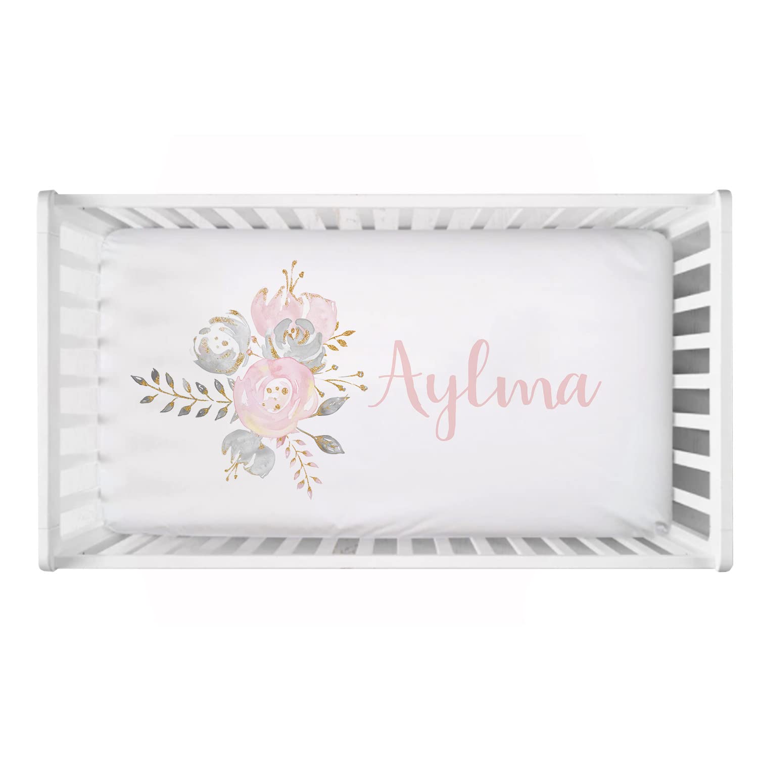 UOOPOO-USPersonalized Baby Fitted Crib Sheet, Customized Blush Gold Floral Crib Bedding with Name, Custom Pink Flower Name Nursery Crib Sheet, Silky Soft Toddler Baby Sheet for Boy/Girl 28"x 52"