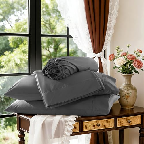 Image of 100% Egyptian Cotton Sheet Set 4 Pcs , 1200 TC, 16 inch Deep Pocket Sheet Queen | Long Staple Cotton Sheet, Soft and Breathable, 1 Fitted Sheet, 1 Flat Sheet, 2 Pillowcase Cozy for All Season, Dark Gray