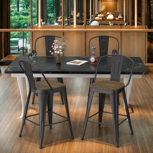 Butacos de Barra de 26 Pulgadas, Juego de 2 Unidades, con Espaldar Alto y Asiento de Madera, Butacos Industriales de Metal para Isla de Cocina (Negro Mate) miniatura 6