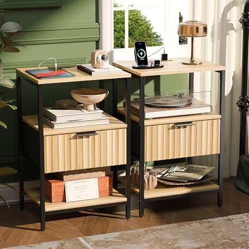 Image of VINGLI Nightstands Set of 2 with Fabric Drawer, Fluted Nightstand with Charging Station, Oak Night Stand Set 2 Bed Side Tables, End Tales Bedroom with Charger Station, 14.96 inchW*11.81 inchD*23.7 inchH, 2 pcs