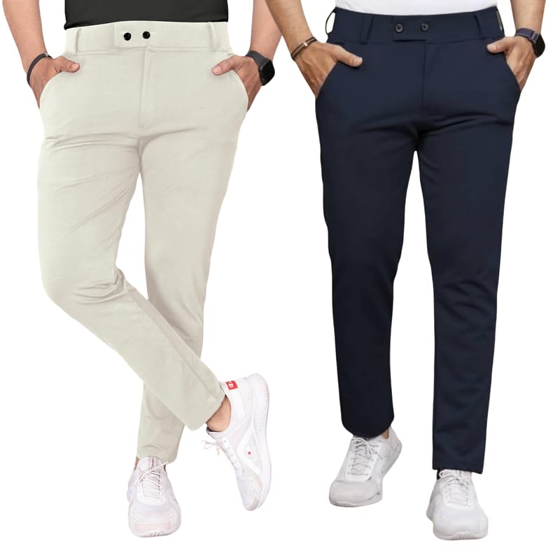 Image of Men Fit Stretch Trousers with Side Pockets | 2-Button Closure | Soft Lycra Blend for Casual & Formal Use