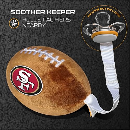 Image of San Francisco 49ers Plush Football Pacifier Holder by Smilo - Officially Licensed NFL Soother Holder - Soft Plush Toy and Dummy Holder - Fits Any Pacifier - Stroller Accessory & Newborn Essential