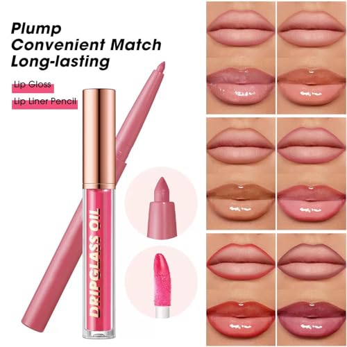 Image of Brown Lip Liner Lip Gloss Set, Waterproof Lip Kit with Lip Oil Lip Liner Pencil, Hydrating Long-Lasting Lipgloss Lip Pencil, High Pigment Non-Sticky lip liner Stain Lipliner (06# Brown)