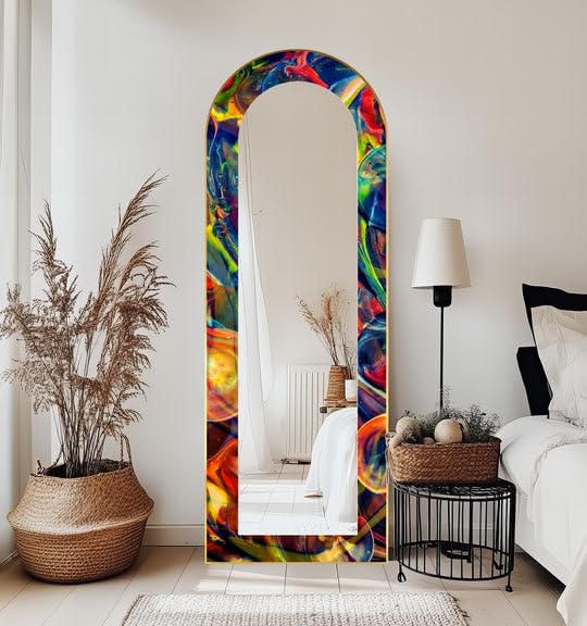 Specchio da terra con motivo astratto arcobaleno a vortice, lunghezza completa, 50,8 cm x 160 cm (larghezza x altezza), con cornice nera e cornice argentata