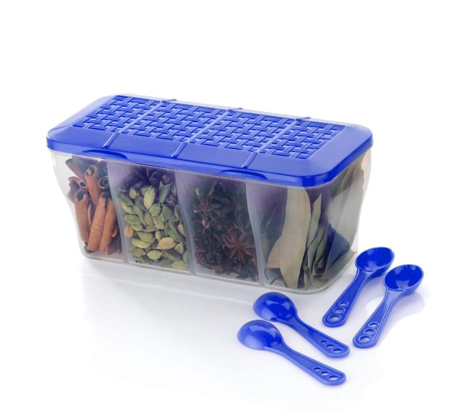 Image of LEMBOSE Multipurpose Plastic 4 in 1 Masala Box for Kitchen, Transparent Pickel Box, 4 Compartment Storage Container Airtight for Cereal, Dry Fruits Dabba1800 Ml with 4 Spoons