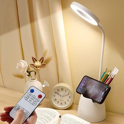 Desk Lamp, Desk Lamps for Home Office, Led Touchable Light, Remote Controlled, Dimmable, 3 Color Modes, Gooseneck, Small White Lamp, Led Table Light, Dorm Lamp, Rechargeable Study Table Lamp