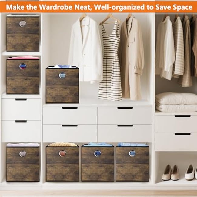 Thickened Fabric Storage Bins with Wood Grain,Foldable Storage Cubes Decorative Boxes,Sturdy Cube Organizer Basket for Shelves,Closet,Home,Office, Nursery,Dorm,Brown with Black,3 Pack (10.2x10.2x11in)