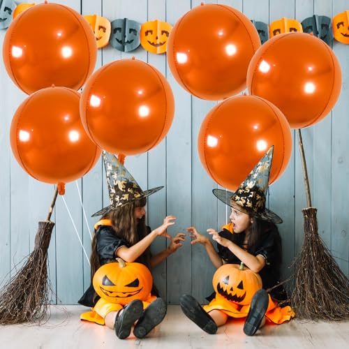 Image of Laacky's Round 4D Orange Mylar Balloons - 22 Inch, 6 Pack | Metallic Halloween Balloons for Orange Decorations