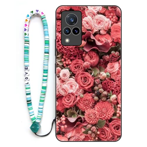 Sinyunron Funda 2 en 1 Set Compatible con Vivo V21 (4G/5G) / Vivo V21S,Anti-Choques y Anti-arañazos Dibujos Estética Estampado Protectora Caso+1×Pulsera de Colores para Móvil,Rosas