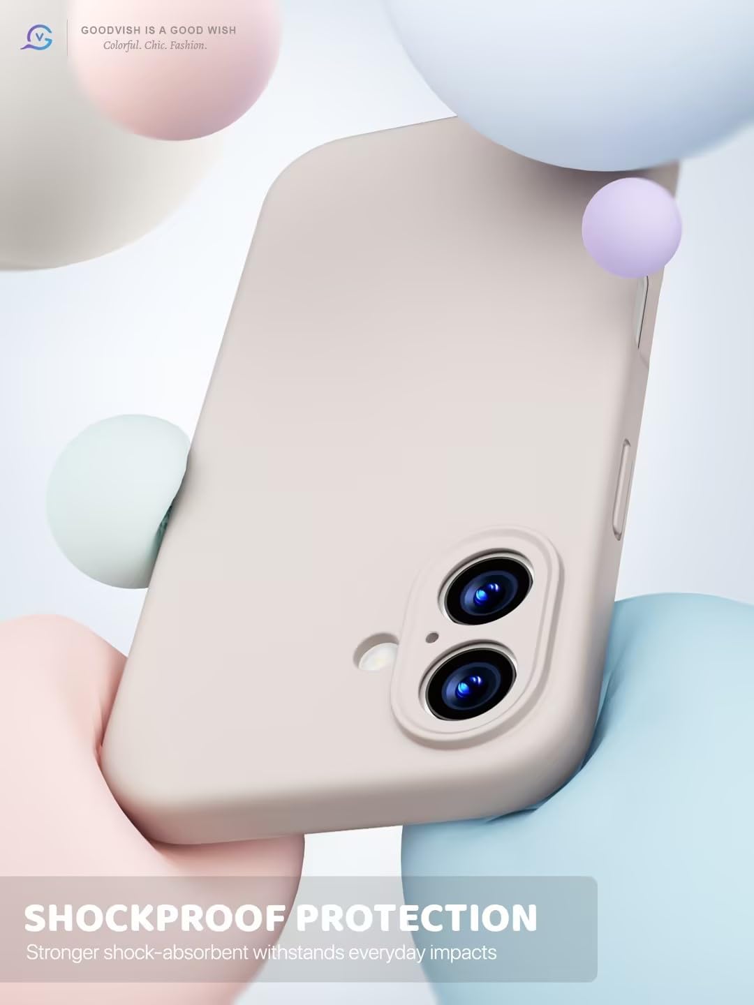 GOODVISH 3 in 1 Silicone Cover per iPhone 16 6.1", Custodia con 2 Pellicola Vetro Temperato [Protezione Fotocamera] 360° Protezione Anticaduta Case per Cellulare Antiurto Resistente, Grigio Pietra