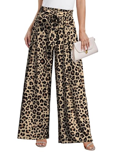 Plus Size Wide Leg Pants for Women High Waisted Adjustable Knot Flowy Leopard Casual Trousers with Pockets