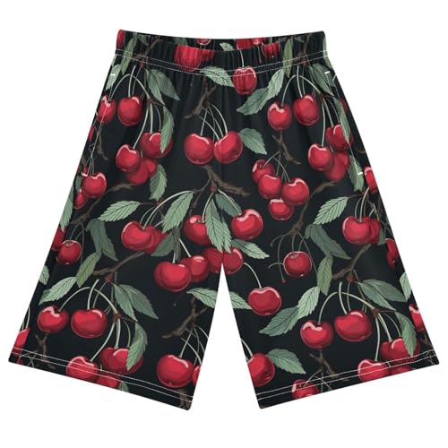 ALAZA Cherry with Leaves Black Pajama Shorts Sleep Shorts Pant Lounge Pajama Bottoms Elastic Waist with Pockets